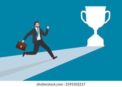 Ambitious businessman sees illuminated winner cup door. Confident man running and found business trophy. Award, first place, career ladder to success. Opportunities for development, new goals. vector