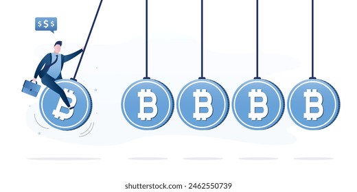 Ambicioso empresario se sienta en un símbolo de bitcoin y comienza un péndulo. Empezando a invertir en criptomonedas, comerciante novato en tecnología blockchain. Ilustración vectorial plana