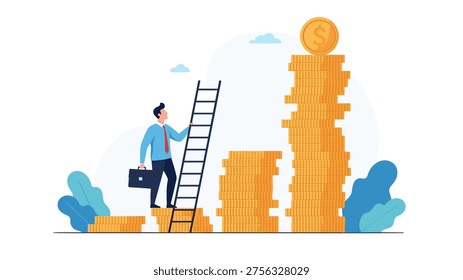 Ambitious businessman standing on a small stack of gold coins while looking up at a much taller stack with a ladder for reaching a goal.