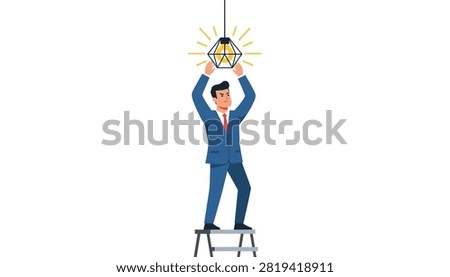 Ambitious businessman standing on a step ladder to reach and fix a glowing diamond-shaped lightbulb symbolizing a brilliant and innovative idea.