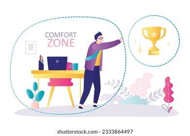 Ambitious businessman want leave comfort zone in home to new targets, rewards and goals. Motivation to move up career ladder. Confident business man burst bubble to change and start new life. vector