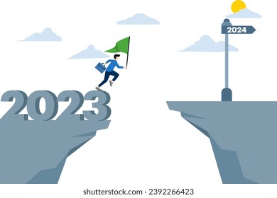 Ambitious businessman waving the finish flag and jumping over the gap from the old year 2023 to 2024, 2024 for business success, year's resolution or opportunity, motivation and work enjoyment.