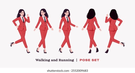 Empresaria ambiciosa, mujer de negocios confiada en traje de pantalón corporativo elegante rojo, caminar, correr conjunto. Hermosa mentora activa entrenadora, morena mujer líder, gerente profesional. Ilustración vectorial