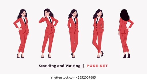 Empresaria ambiciosa, señora de negocios confiada en traje de pantalón corporativo elegante rojo, juego de pie. Hermosa mentora activa entrenadora, morena mujer líder, gerente profesional. Ilustración vectorial