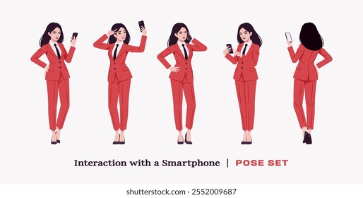 Ambitious businesswoman, confident business lady in red chic corporate pant suit, smartphone user set. Beautiful active mentor coach, brunette female leader, professional manager. Vector illustration