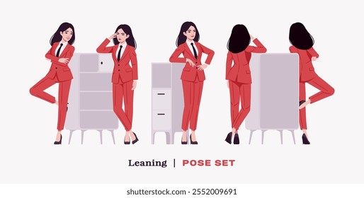 Empresaria ambiciosa, señora de negocios segura, traje corporativo elegante elegante rojo del pantalón de pie lean set. Hermosa mentora activa entrenadora, morena mujer líder, gerente profesional. Ilustración vectorial