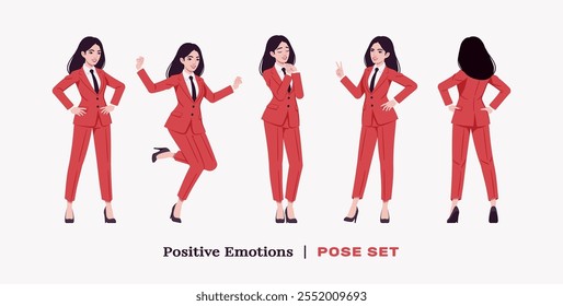 Ambitious businesswoman, confident business lady in red smart chic corporate pant suit, positive set. Beautiful active mentor coach, brunette female leader, professional manager. Vector illustration