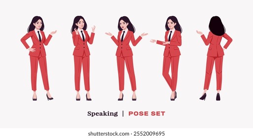 Ambitious businesswoman, confident business lady in red smart chic corporate pant suit, speaking set. Beautiful active mentor coach, brunette female leader, professional manager. Vector illustration