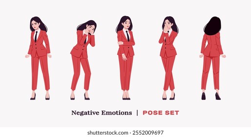 Empresaria ambiciosa, señora de negocios confiada en traje de pantalón corporativo elegante rojo, conjunto negativo. Hermosa mentora activa entrenadora, morena mujer líder, gerente profesional. Ilustración vectorial