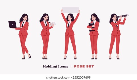 Ambitious businesswoman, confident business lady in red smart chic corporate pant suit, items hold set. Beautiful active mentor coach, brunette female leader, professional manager. Vector illustration