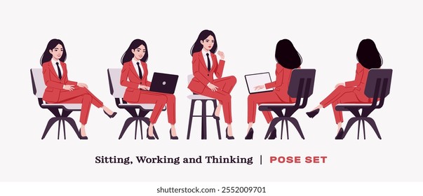 Ambitious businesswoman, confident business lady in red smart chic corporate pant suit, sitting set. Beautiful active mentor coach, brunette female leader, professional manager. Vector illustration