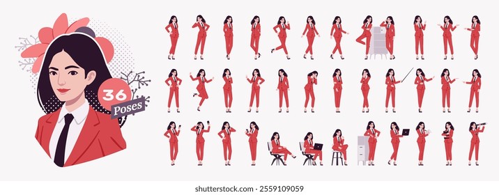 Ambitious businesswoman, confident business lady in red character set, office bundle. Effective active project leader in co-working space poses, ceo conversation, life situations. Vector illustration