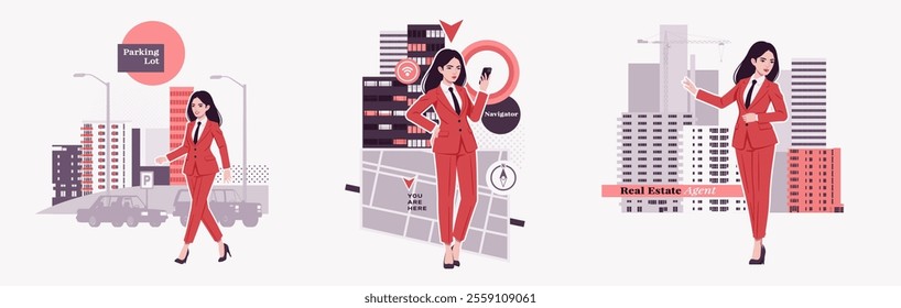 Ambitious businesswoman, confident business lady in red suit, tie, navigator user, parking lot, agent modern design for art magazine, blog, graphic advertisement, digital social media illustration set