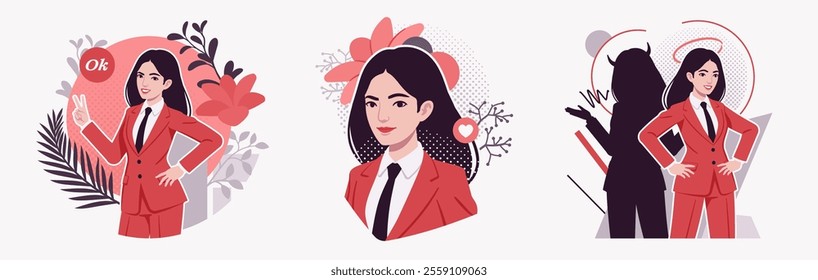 Ambitious businesswoman, confident business lady in red suit, tie, angel, devil and yes, no choice, modern design for art magazine, blog, graphic advertisement, digital social media illustration set