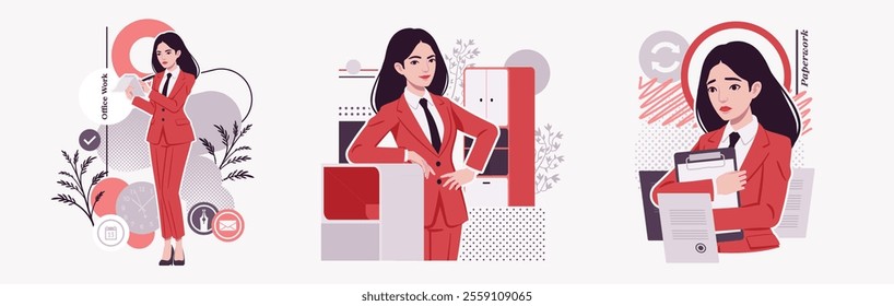 Ambitious businesswoman, confident business lady in red suit, tie, office bureaucracy, paperwork, modern design for art magazine, blog, graphic advertisement, digital social media illustration set