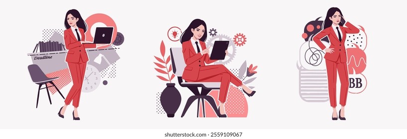 Ambitious businesswoman, confident business lady in red suit, tie, busy deadline, phone talk, modern design for art magazine, blog, graphic advertisement, digital social media illustration set