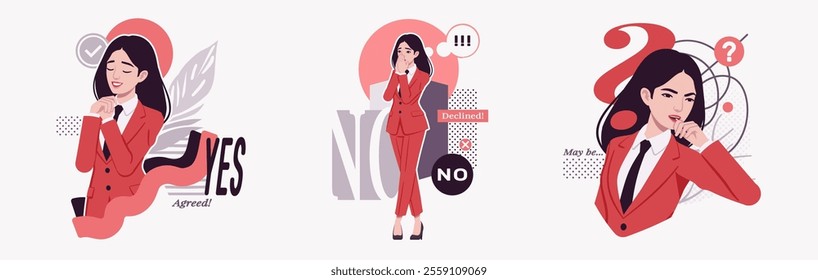 Ambitious businesswoman, confident business lady in red suit, tie, making choice, doubt, thinking, modern design for art magazine, blog, graphic advertisement, digital social media illustration set