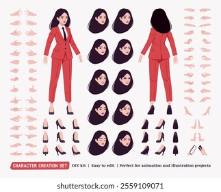 Ambitious businesswoman, confident business lady, red suit, tie DIY character creation set, body figure parts, shoes. Head, leg, hand gestures, different emotion, construction kit. Vector illustration