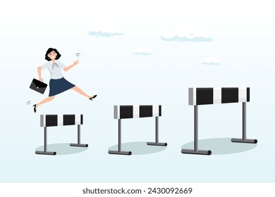 Ambitious businesswoman jump over hurdles to find higher obstacles, business challenge, overcome difficulty, obstacle to achieve business success, effort, skill or aspiration to solve problem (Vector)