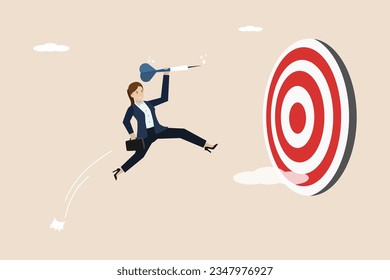 Ambitious courage to achieve goals, business challenges and aiming at targets, achieving targets or goals concept, courageous businesswoman jumping to achieve targets.