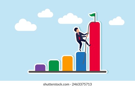 Ambitious effort to reach success, determined growth to achieve goals with courage, concept of Ambitious businessman climbs up chart and graph to reach the top of high bar