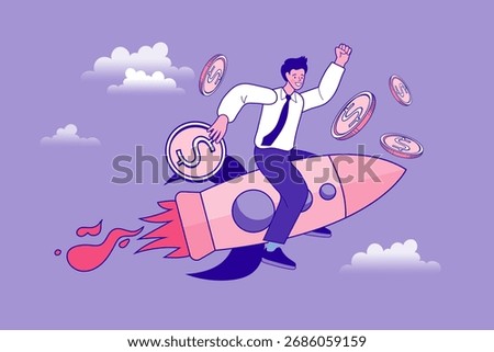Ambitious entrepreneur flying on a rocket ship to success, holding a dollar coin. Concept of profitable investment, stock market boost, and rapid financial growth. Modern line art vector illustration.