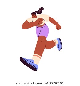 Ambitious focused woman running forward. Active determined busy urgent female character rushing ahead to aim, goal. Ambition, aspiration concept. Flat vector illustration isolated on white background