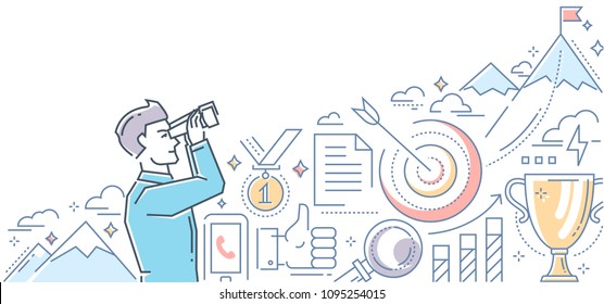 Ambitious goals - line design style illustration on white background. Colorful composition with a businessman looking through a binocular at the mountain top with a flag. Images of target, cup, medal