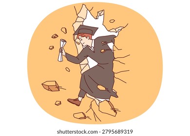 Ambitious guy, university graduate, breaks through obstacle thanks to self-confidence and presence of educational diploma. Man graduate in academic robe demonstrates power and desire for success
