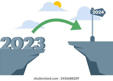ambitious to jump the gap from the old year 2023 to 2024, happy new year 2024, hope for business success, resolutions or opportunities in this year, motivation and enjoyment of work. vector.