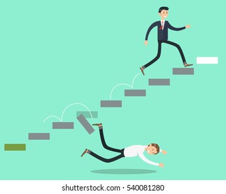 Ambitious man strives for the success of the stairs and his competitor fell who were not able to overcome the difficulties on the way. Vector illustration