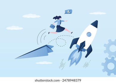 Ambitious, motivated businesswoman jumps from paper plane to fast rocket. Innovation helps success or career development. Improving skills, a change for the better. New right path to goals. Vector