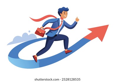 Ambitious professional running forward on arrow path, driven by motivation to achieve career success and growth