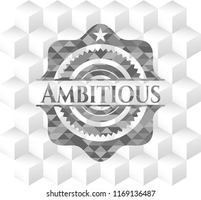 Ambitious retro style grey emblem with geometric cube white background