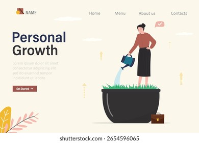 Ambitious and smart business woman in flower pot watering himself. Self-improvement, development, professional personal growth, boost your skills, landing page template. Learning, business education.