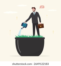 Ambitious and smart businessman in flower pot watering himself. Self-improvement, development, professional personal growth, boost your skills. Learning, business education. flat vector illustration