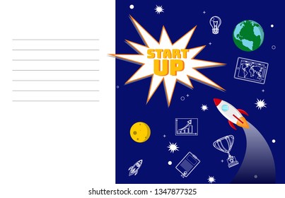 Ambitious Startup Planning Flat Color Illustration. Notebook Page, Cover with Empty Text Lines Template. Global Business Development Strategy. Rocket in Space Vector Drawing with Lettering