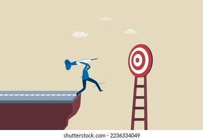 Ambitious towards to goals. Learned to overcome obstacles of business. Businessman holding a dart jumps over a cliff to the target. Illustration