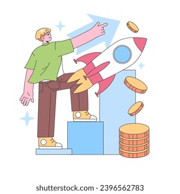 Ambitious Visionary concept. A dynamic man confidently pointing towards an upward trajectory, while standing on rising bars, a soaring rocket and coins depicting growth and prosperity. Flat vector