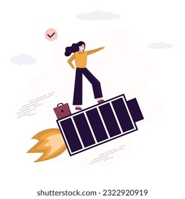 Ambitious woman flying on full battery charge in sky. Strong businesswoman motivated to conquer business goals and complete tasks. Leadership, positive mood at work. Energy charge at work. vector