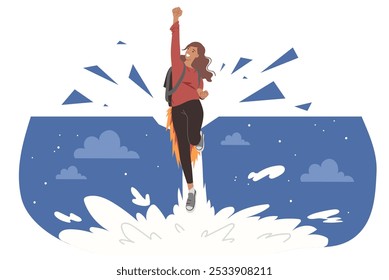 Ambitious woman with leadership potential flies up through night sky, using jetpack. Ambitious girl strives to achieve success in life and easily overcome difficulties and obstacles along way.