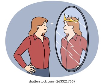 Mulher ambiciosa olha no espelho e vê o próprio reflexo com a coroa simbolizando o sucesso. Garota em trajes de negócios sonhos de conquistas de carreira e futuro de sucesso na empresa