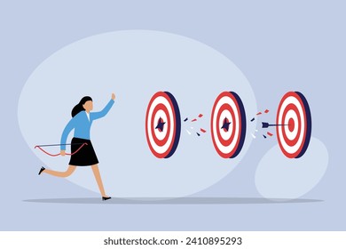 Ambitious woman shooting an arrow to targets 2d flat vector illustration