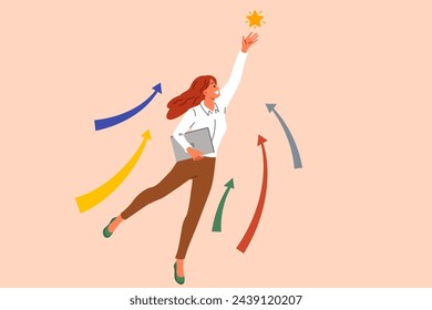 Ambitious woman strives for business progress, grabbing star from sky and reaching new level in career. Successful girl makes progress in job thanks to hard work and lack of laziness.