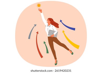 Ambitious woman strives for business progress, grabbing star from sky and reaching new level in career. Successful girl makes progress in job thanks to hard work and lack of laziness.