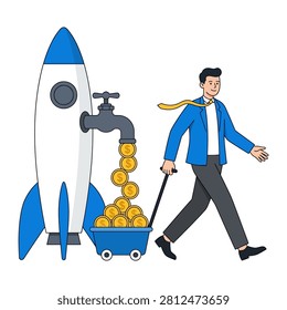 A ambitious young businessman generating immense financial profit and dollar income from a successful start up rocket project. Flat vector modern illustration