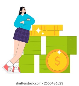 Ambitious young businesswoman with financial achievements concept. A confident woman stands beside a stack of gold bars and a large coin. Vector illustration.