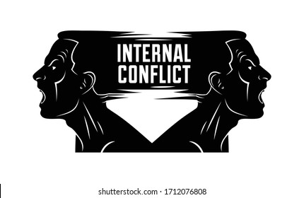 Ambivalence inner conflict and bipolar disorder mental health vector conceptual illustration or logo visualized by two face profiles screaming and shouting in anger.