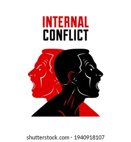 Ambivalence inner conflict and bipolar disorder mental health vector conceptual illustration or logo visualized by two face profiles screaming and shouting in anger.