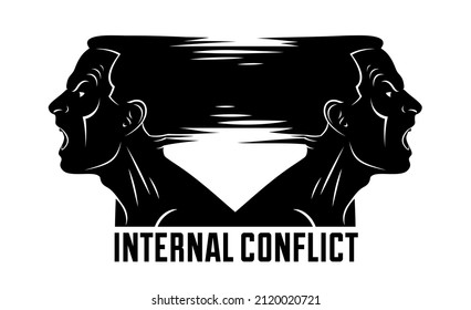 Ambivalence inner conflict and bipolar disorder mental health vector conceptual illustration or logo visualized by two face profiles screaming and shouting in anger.